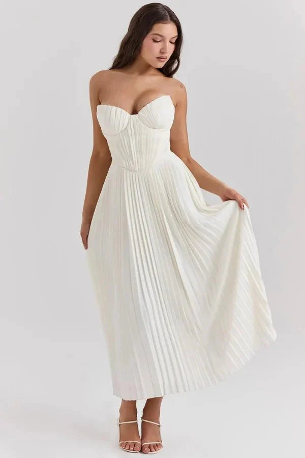 Women's Strapless Corset Midi Dress - Sweetheart Pleated