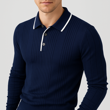 Men's Long Sleeve Polo - Knit Ribbed - Contrast Collar - Slim Fit