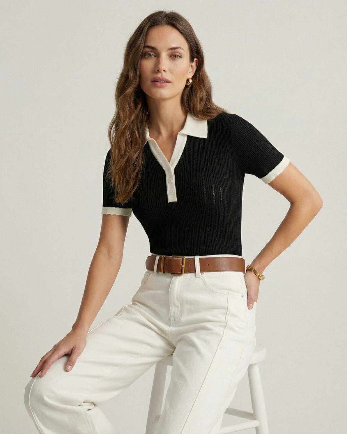 Women's Ribbed Knit Polo - Short Sleeve Contrast Trim Top