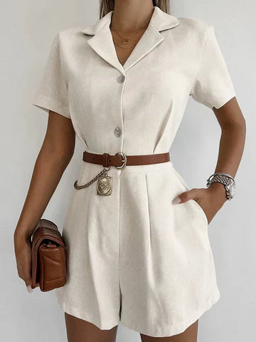 Women's Cream Jumpsuit - Notch Lapel Short Sleeve Button Front