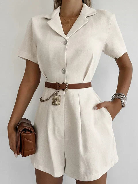 Women's Cream Jumpsuit - Notch Lapel Short Sleeve Button Front
