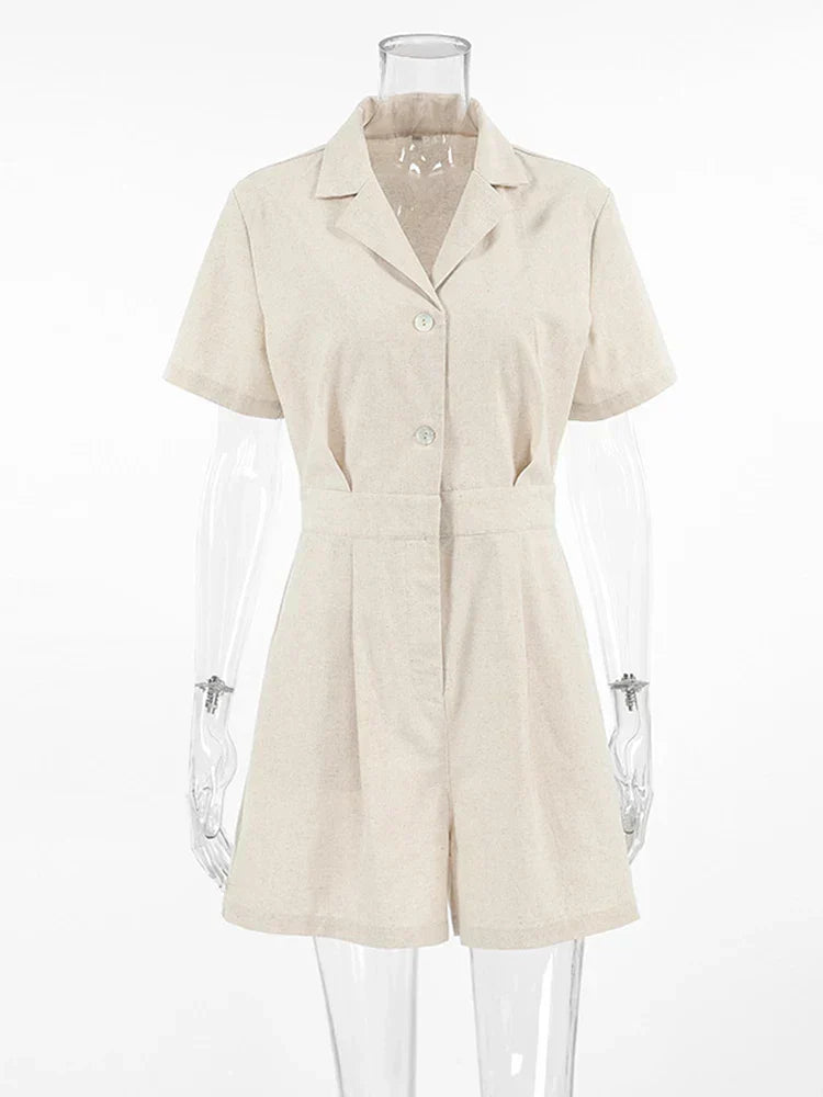 Women's Cream Jumpsuit - Notch Lapel Short Sleeve Button Front