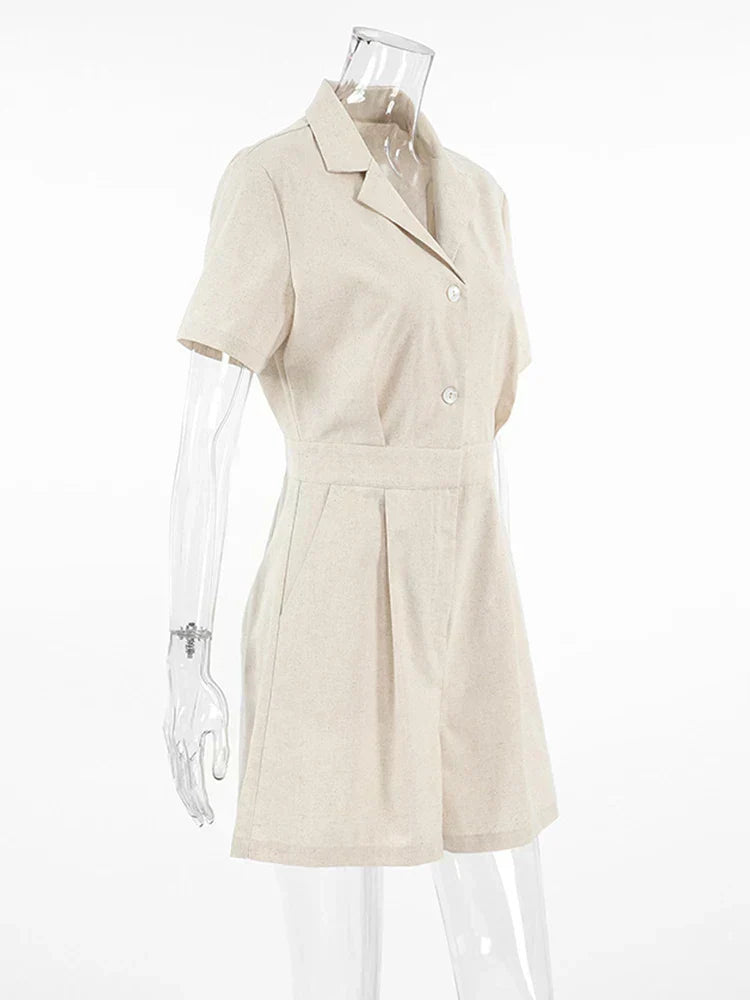 Women's Cream Jumpsuit - Notch Lapel Short Sleeve Button Front