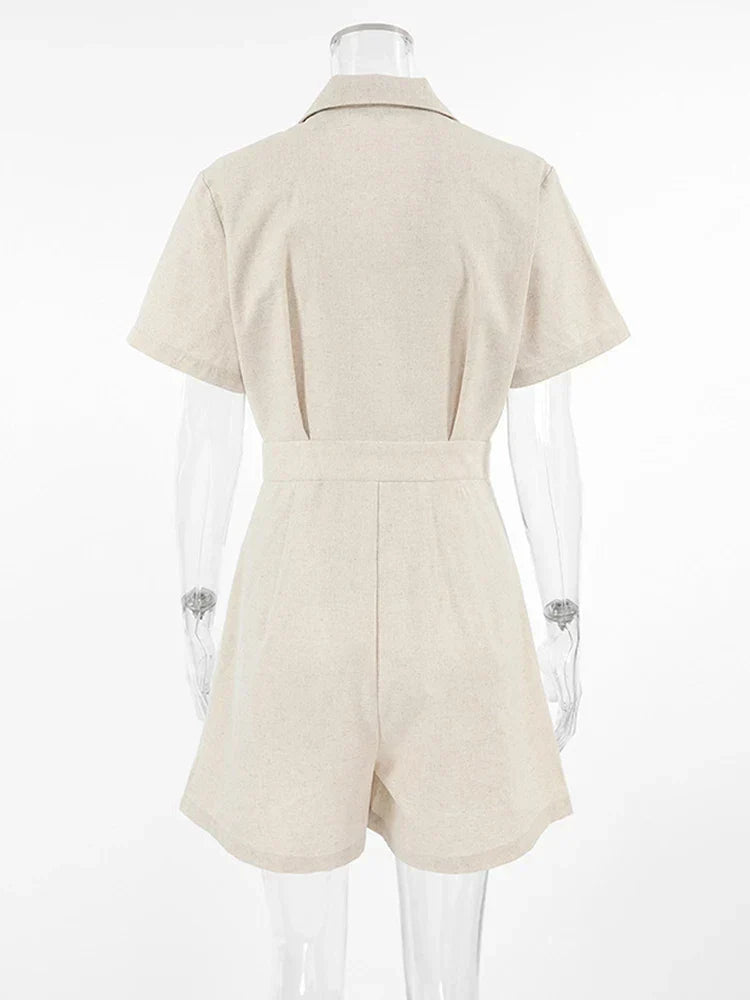 Women's Cream Jumpsuit - Notch Lapel Short Sleeve Button Front