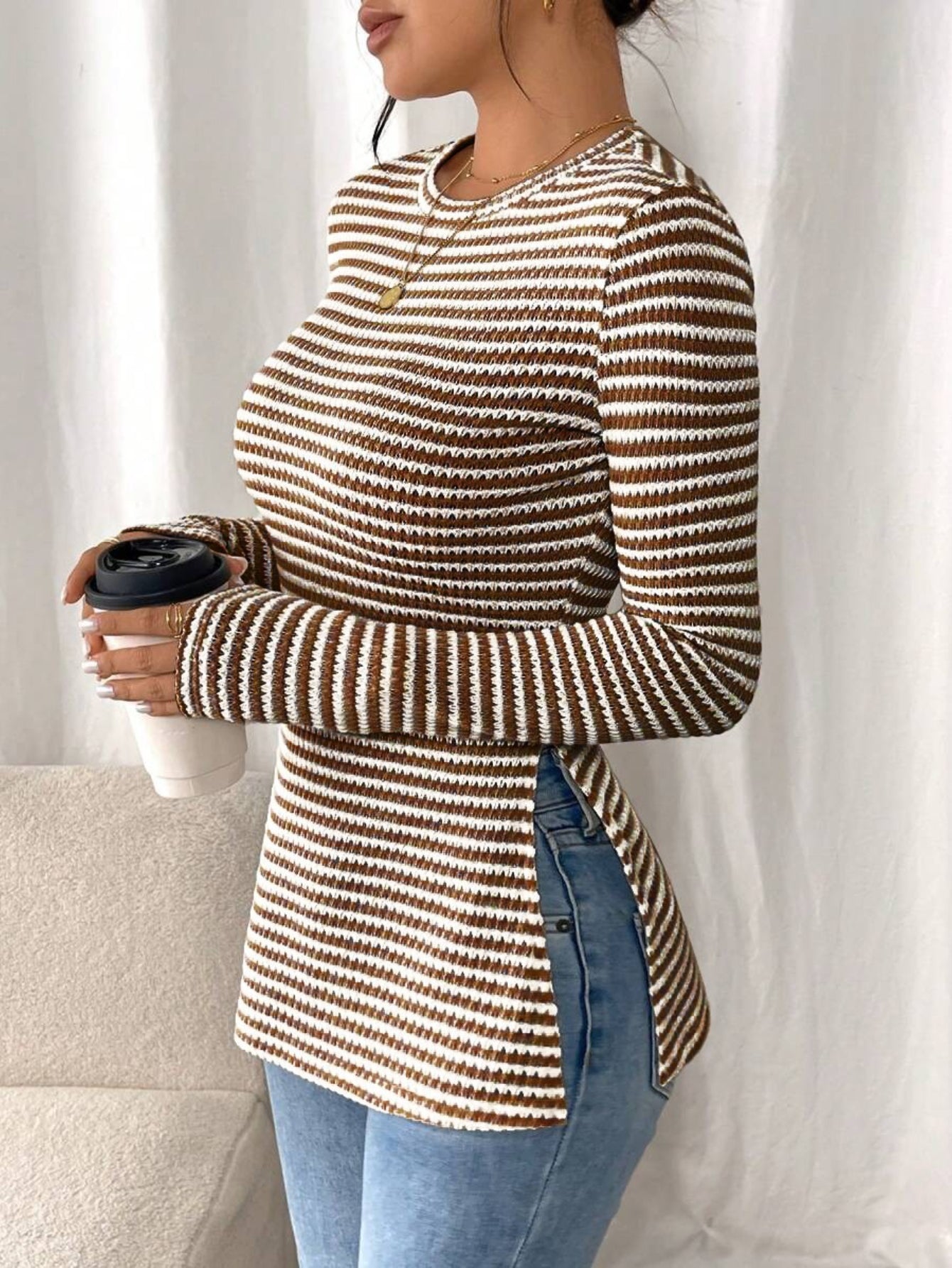 Women's Knit Top - Crew Neck Long Sleeve Stripe with Peplum Hem and Side Splits
