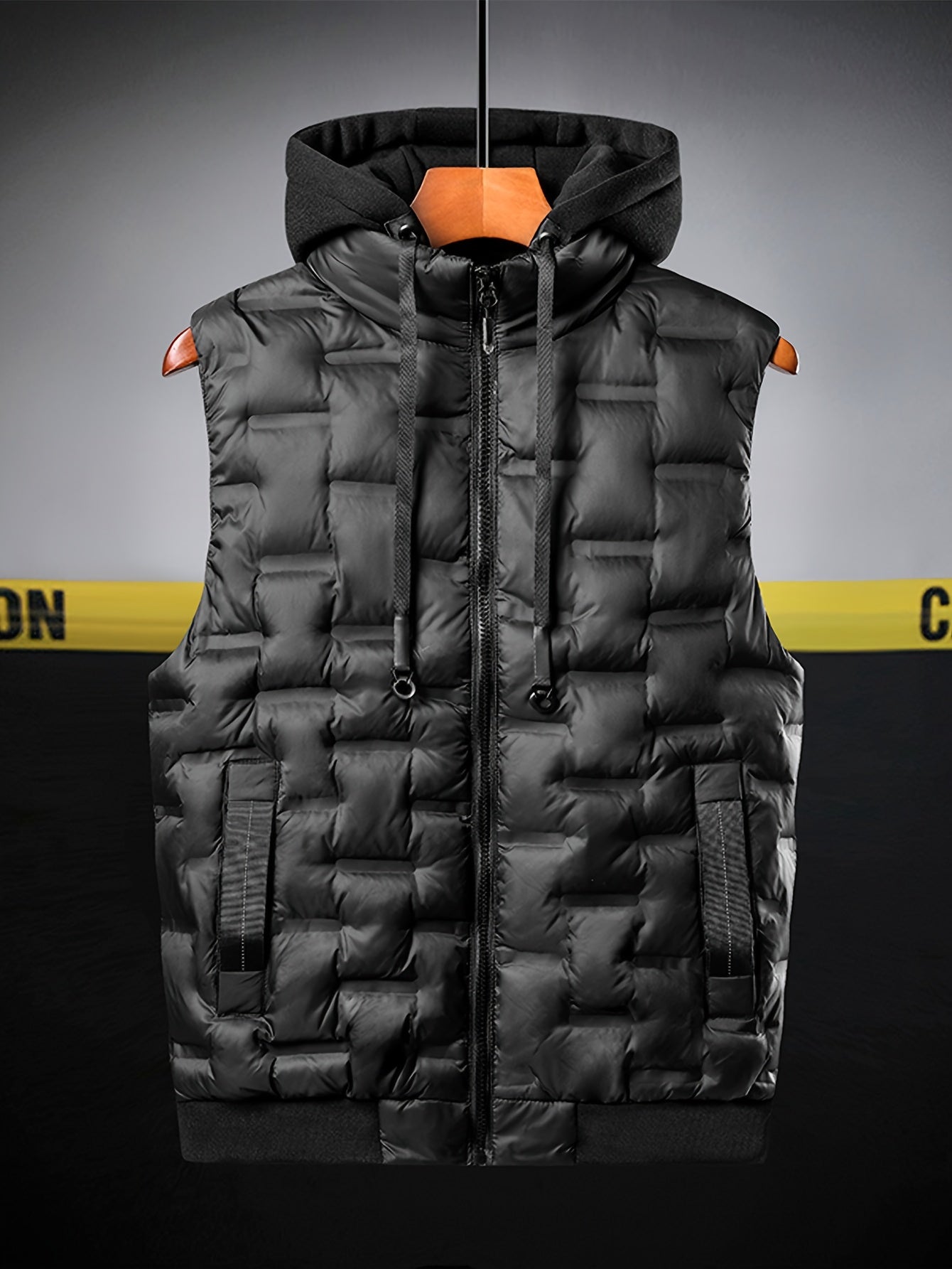 Men's Padded Vest - Hooded Sleeveless Zip Front with Quilted Brick Pattern