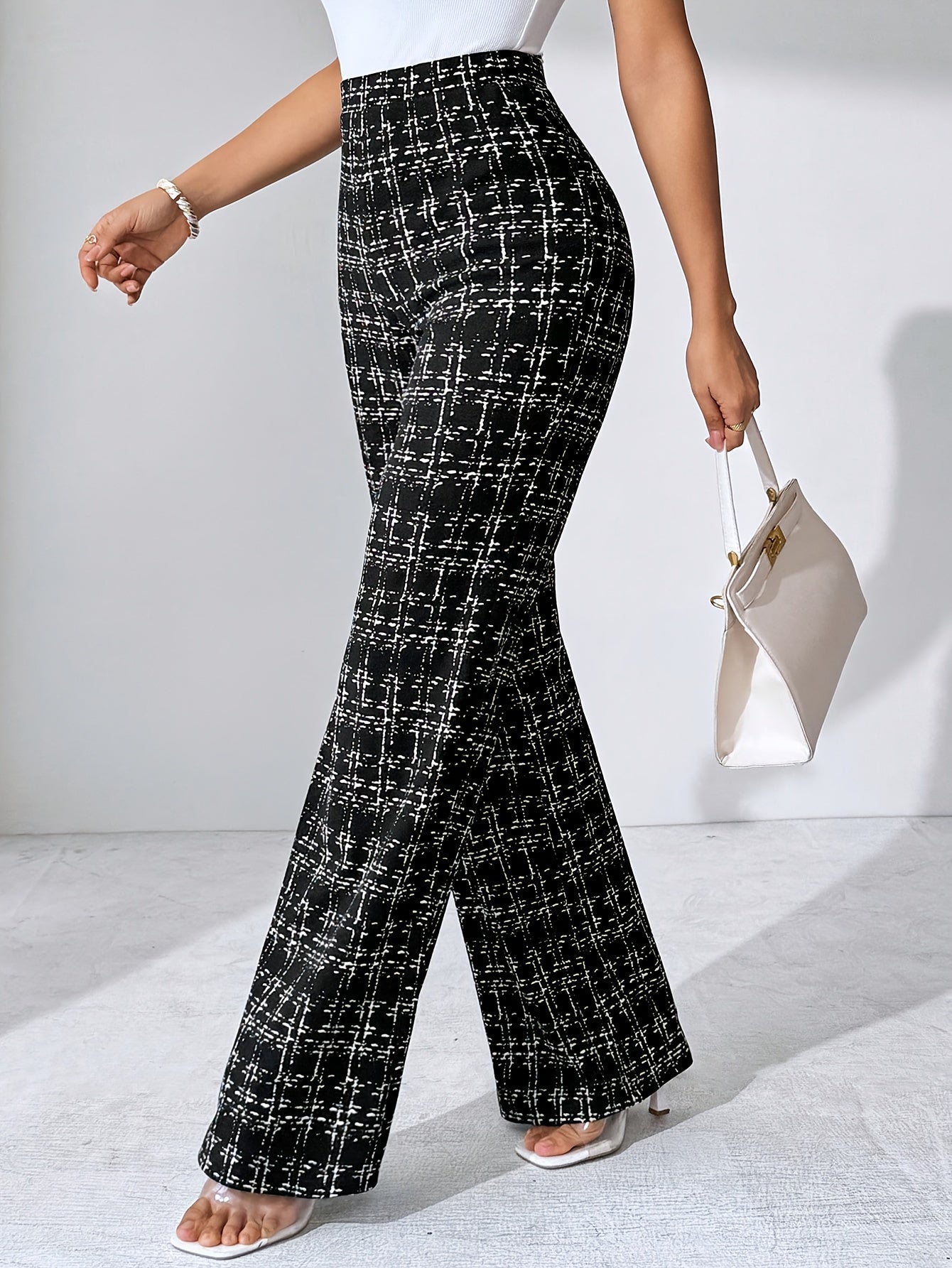 Women's Plaid Wide Leg Pants - High Waist Full Length Pull On