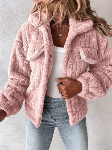 Women's Faux Fur Coat - Cropped Open Front Teddy Fleece with Chest Pockets