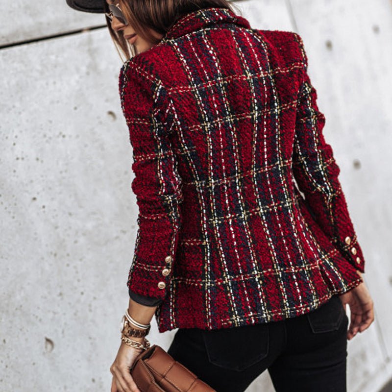 Women’s Classic Check Blazer Jacket – Tailored Button-Front Structured Fit
