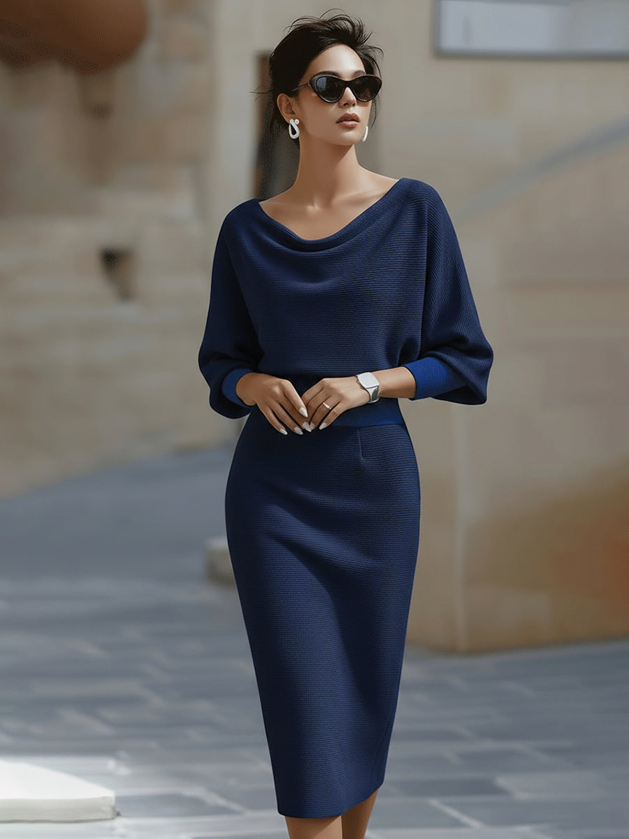 Women's Bodycon Midi Dress - Cowl Neck Batwing Sleeve with Back Zip and Hem Slit
