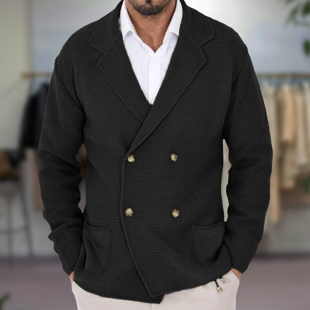 Men's Double Breasted Knitted Cardigan - Notch Lapel Long Sleeve Knit Jacket with Patch Pockets