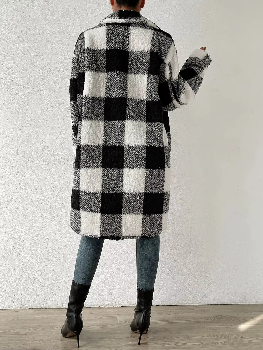 Women's Plaid Longline Coat - Button Up Check Oversized Jacket