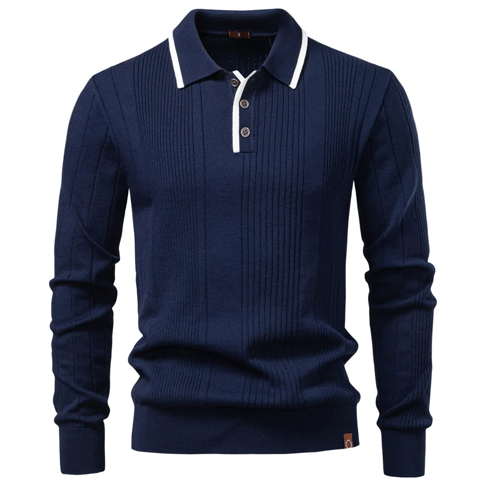 Men's Long Sleeve Polo - Knit Ribbed - Contrast Collar - Slim Fit