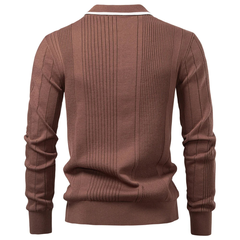 Men's Long Sleeve Polo - Knit Ribbed - Contrast Collar - Slim Fit