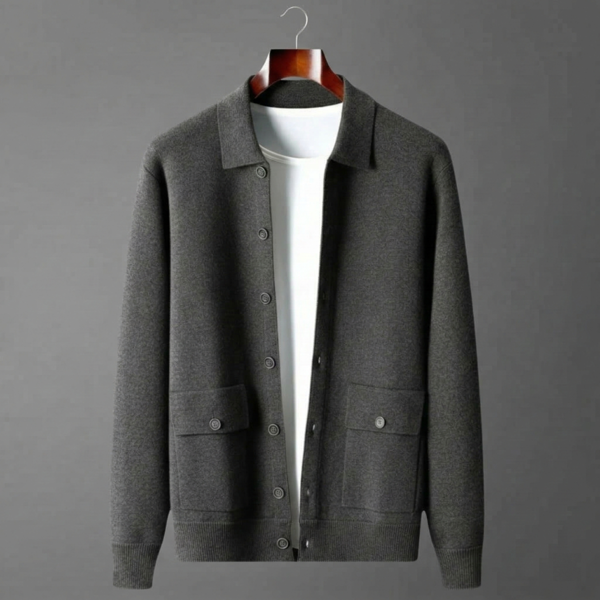 Men's Wool Cardigan - Button-Up Collar Long Sleeve