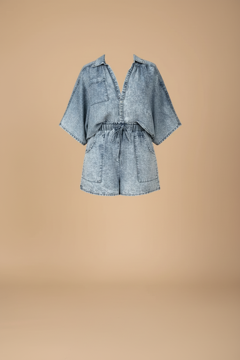 Women's Two Piece Set - Collared Shirt and Drawstring Shorts