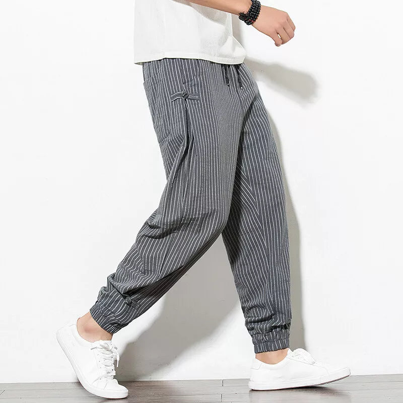 Men's Linen Stripe Harem Pants - Elasticated Waist - Cuffed Hem