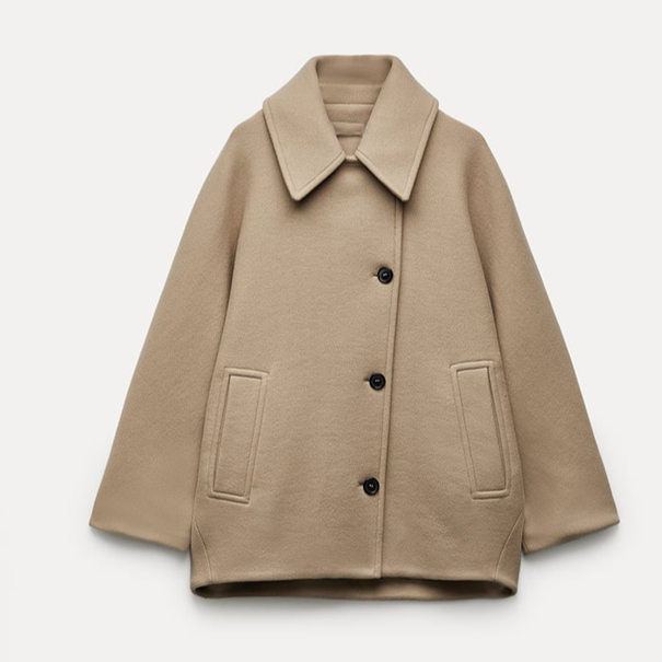 Women's Oversized Cropped Coat - Shirt Collar - Single Breasted - Batwing Sleeve - Hip Length