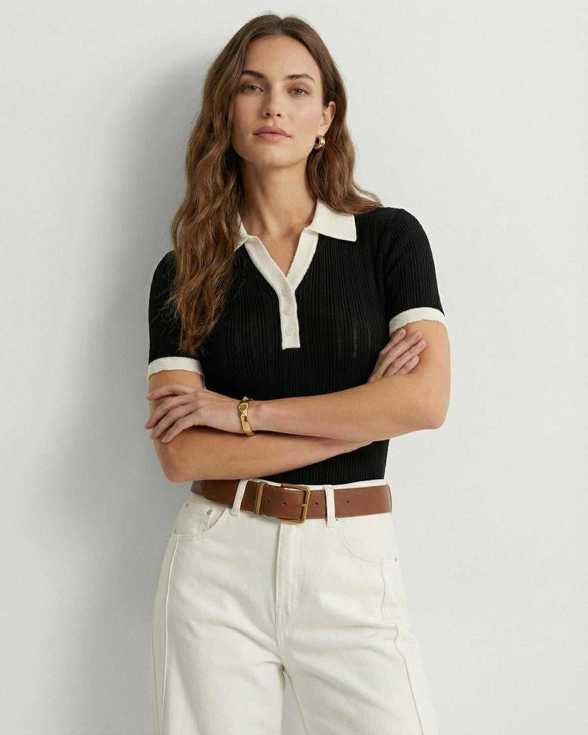 Women's Ribbed Knit Polo - Short Sleeve Contrast Trim Top