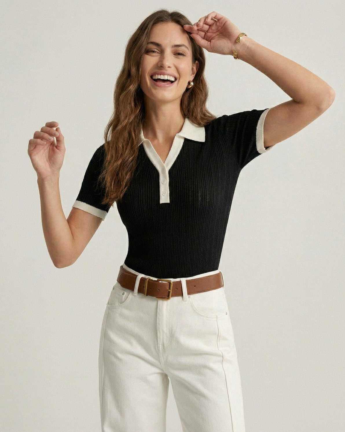 Women's Ribbed Knit Polo - Short Sleeve Contrast Trim Top