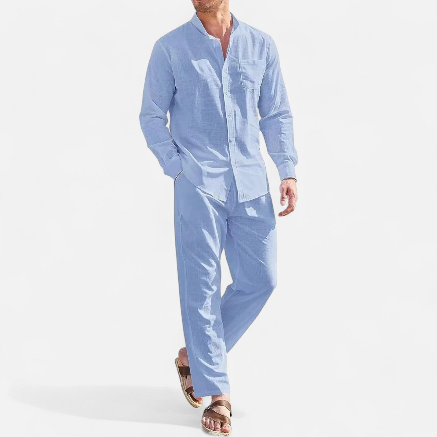 Men's Linen Long Sleeve Button-Down Shirt Two Piece Set