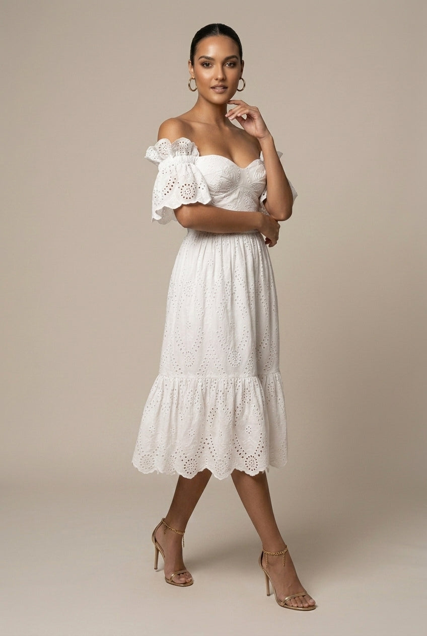 Women's Off Shoulder Eyelet Midi Dress - Puff Sleeves - Wedding Guest