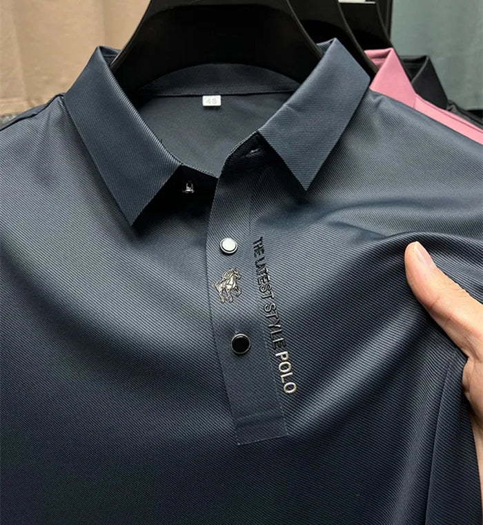 Men’s Modern Polo Shirt – Textured Stretch Button Detail Casual Fit