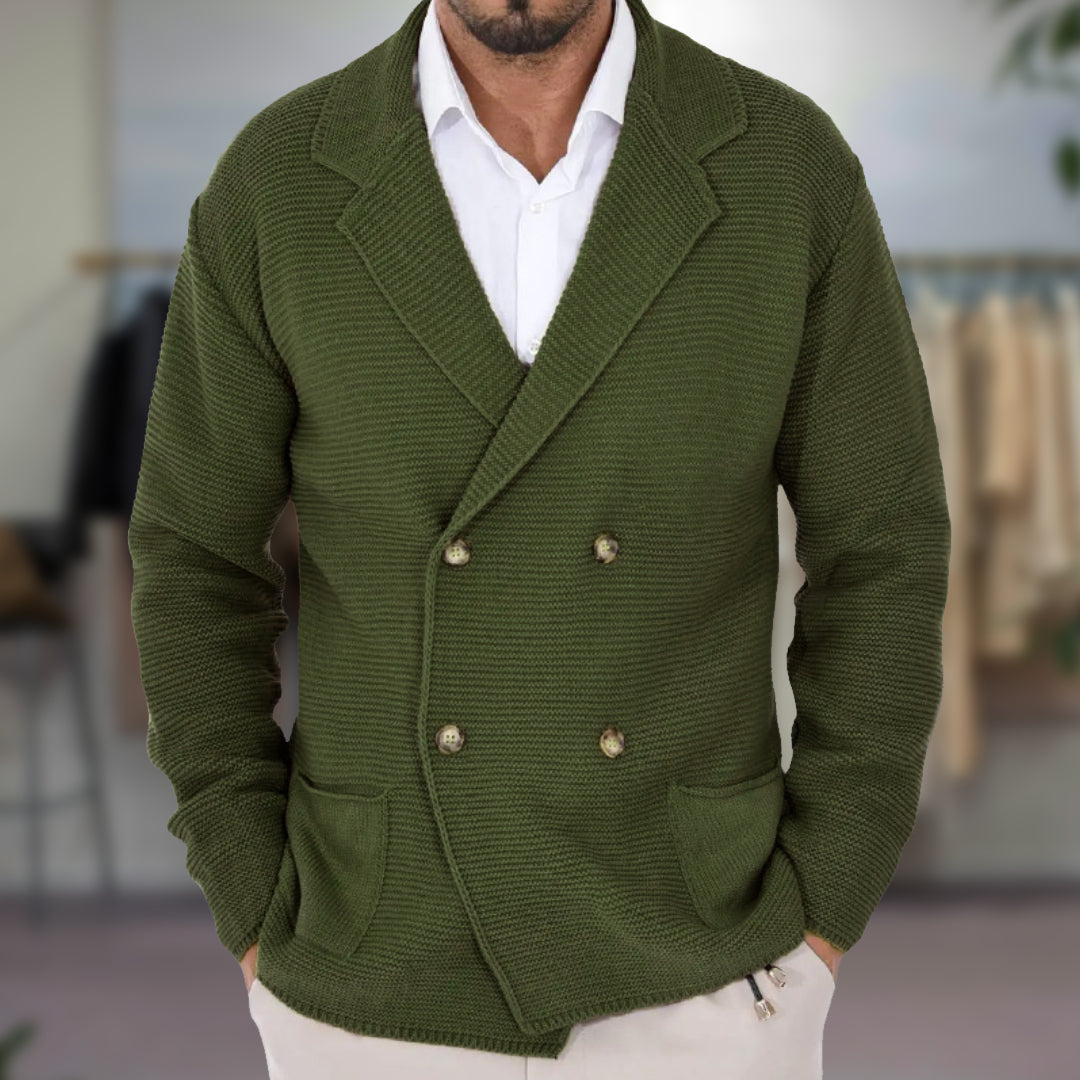 Men's Double Breasted Knitted Cardigan - Notch Lapel Long Sleeve Knit Jacket with Patch Pockets