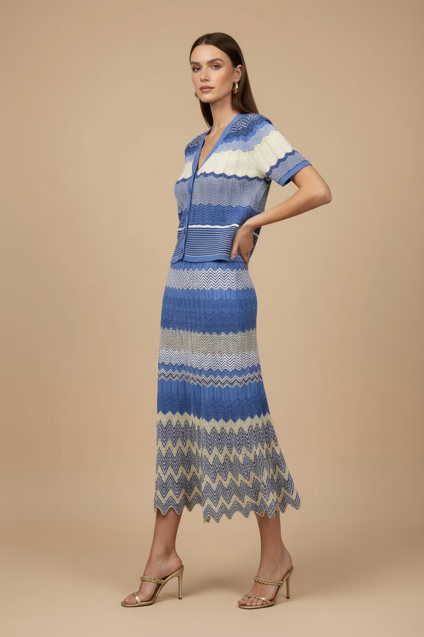 Women's Chevron Two Piece Skirt Set - V-Neck Top and Maxi Skirt