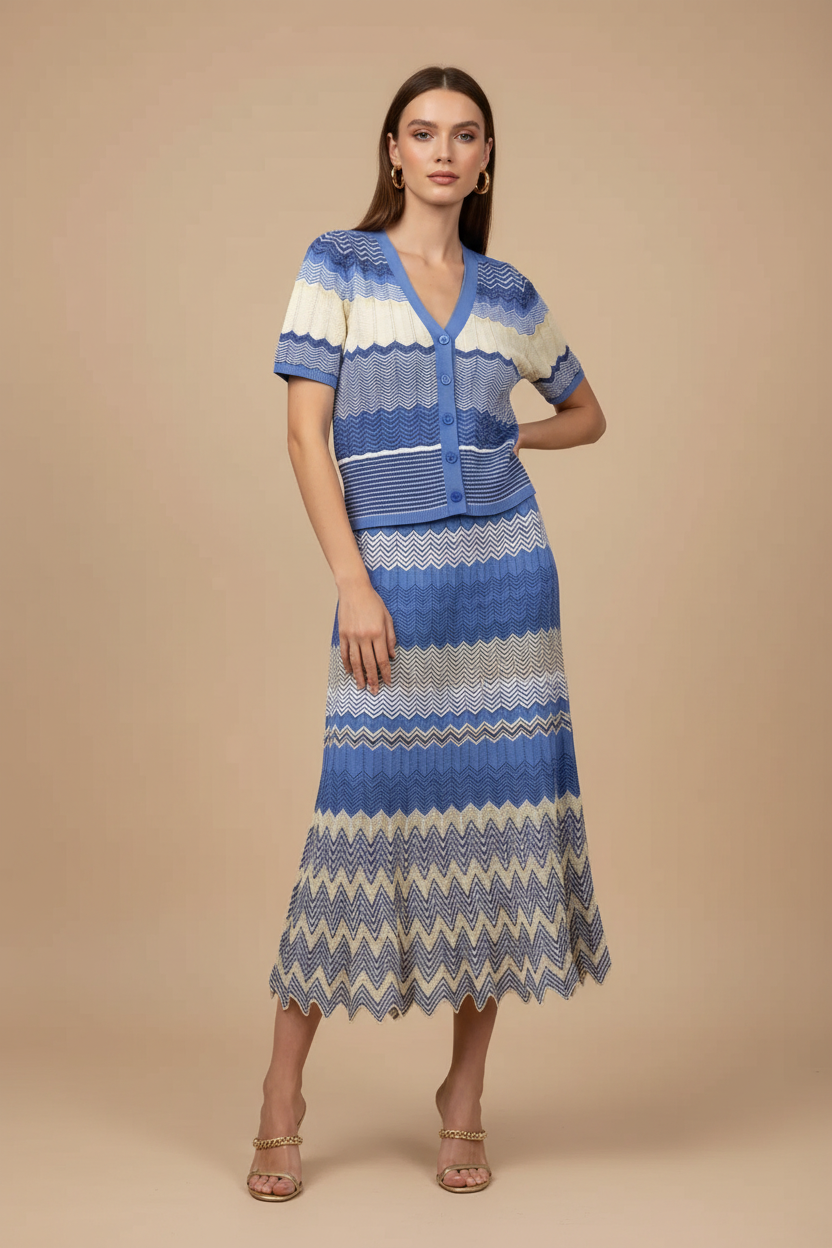 Women's Chevron Two Piece Skirt Set - V-Neck Top and Maxi Skirt