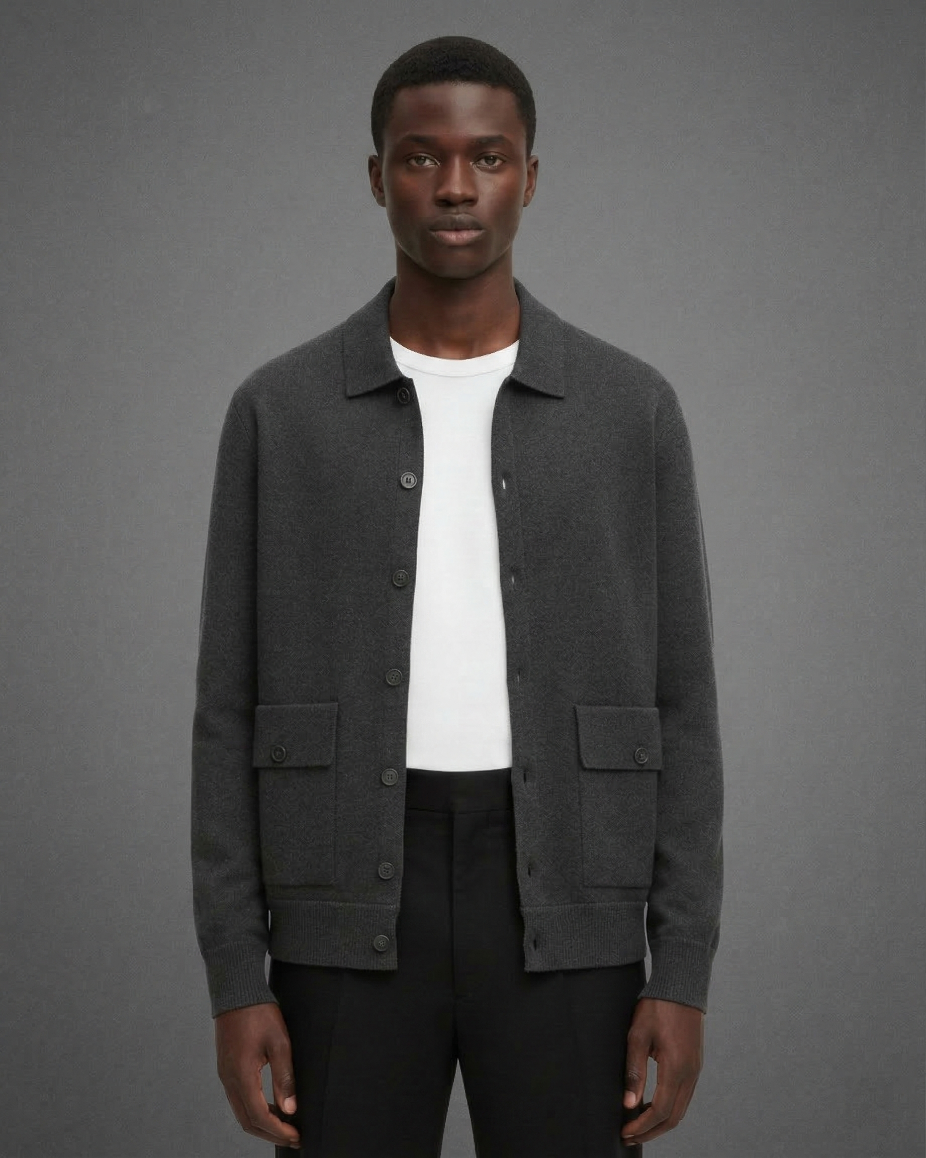 Men's Wool Cardigan - Button-Up Collar Long Sleeve