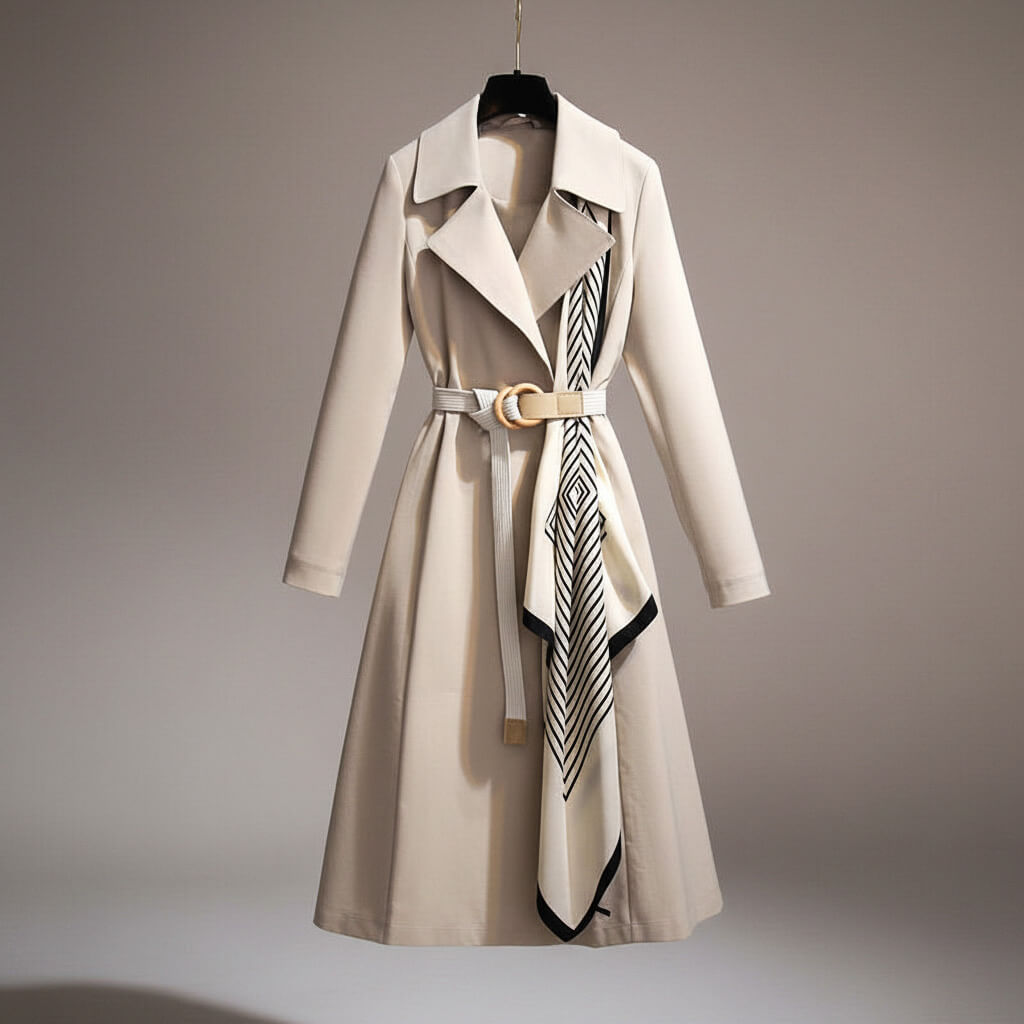 Women's Trench Coat - Long Line Open Front with Contrast Scarf Belt and Wide Lapel