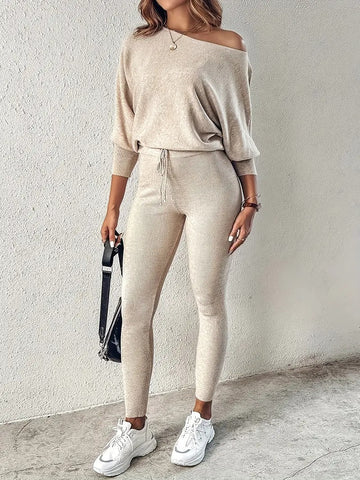 Women's Two Piece Set - Off Shoulder Top and Slim Leg Pants