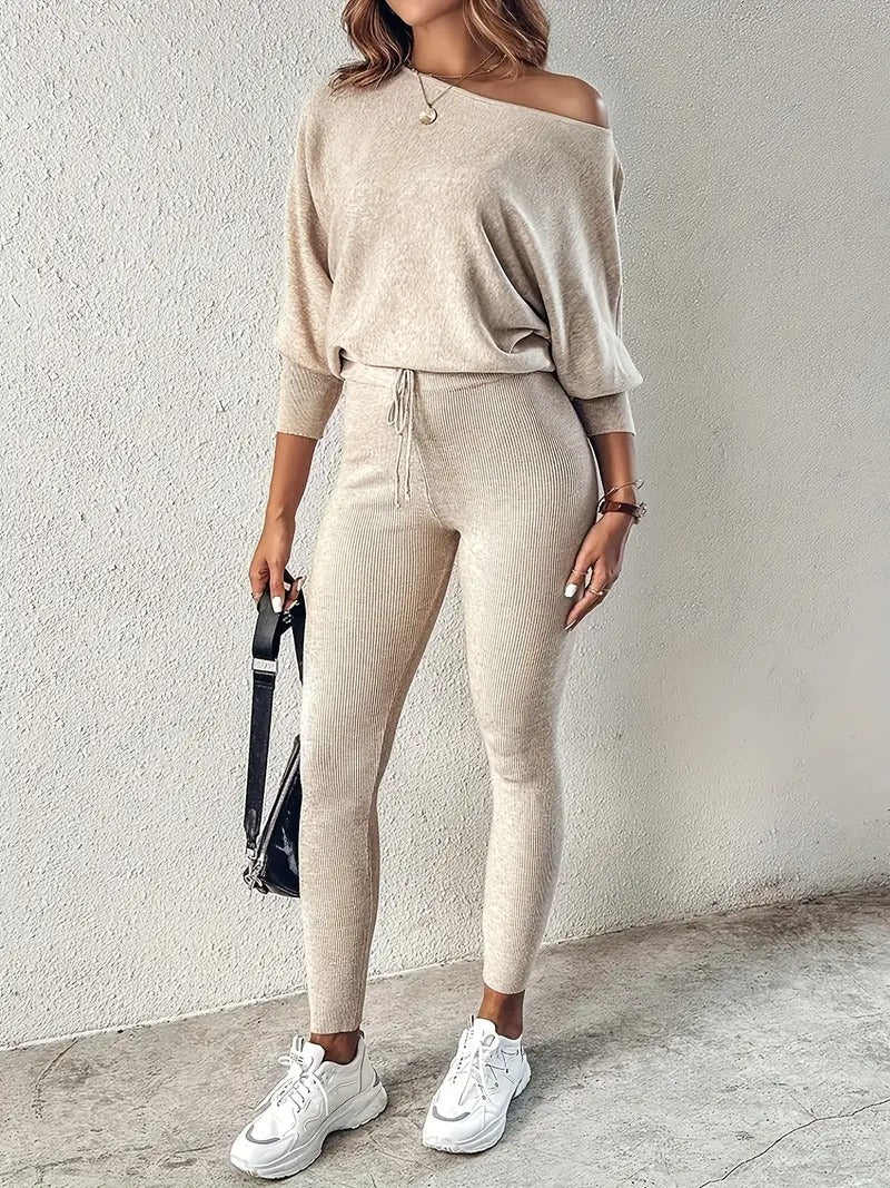 Women's Two Piece Set - Off Shoulder Top and Slim Leg Pants