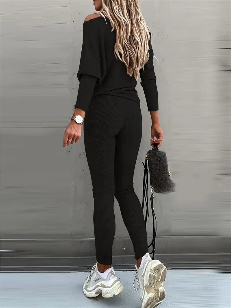 Women's Two Piece Set - Off Shoulder Top and Slim Leg Pants