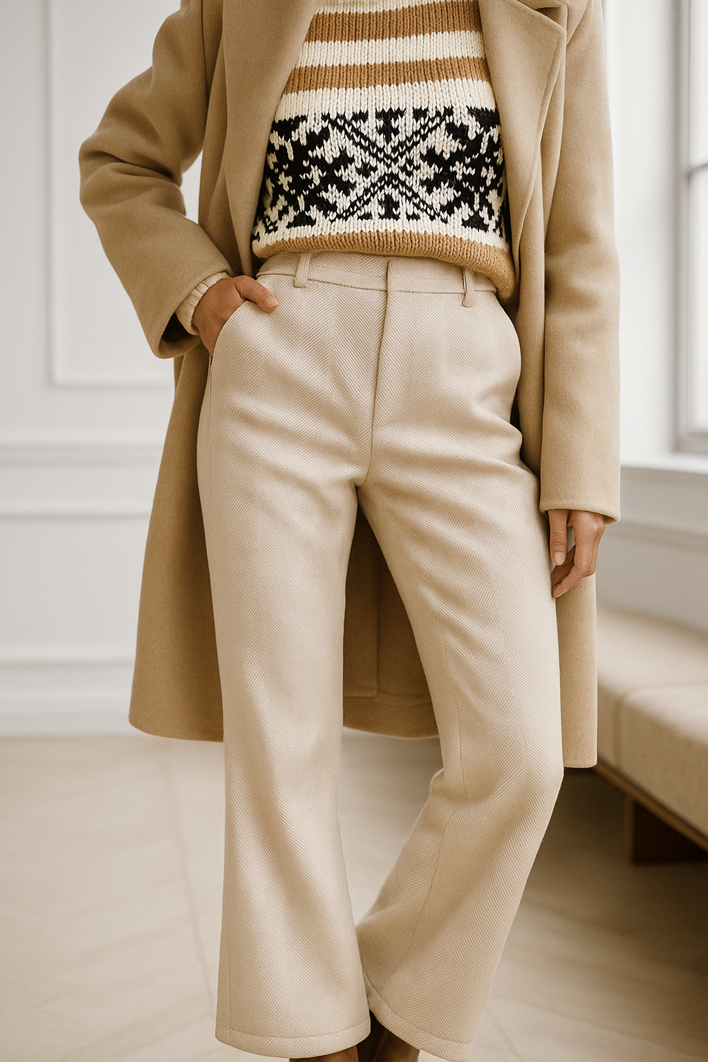 Women's High-Waisted Straight Leg Pants with Belt Loops and Front Seam Detail